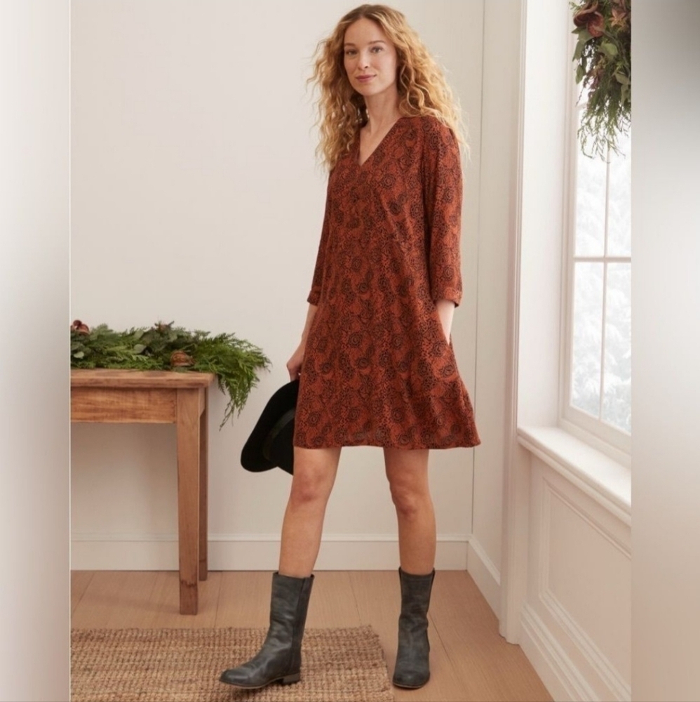 Garnet Hill Rust Paisley V‑Neck Mini Dress Size M